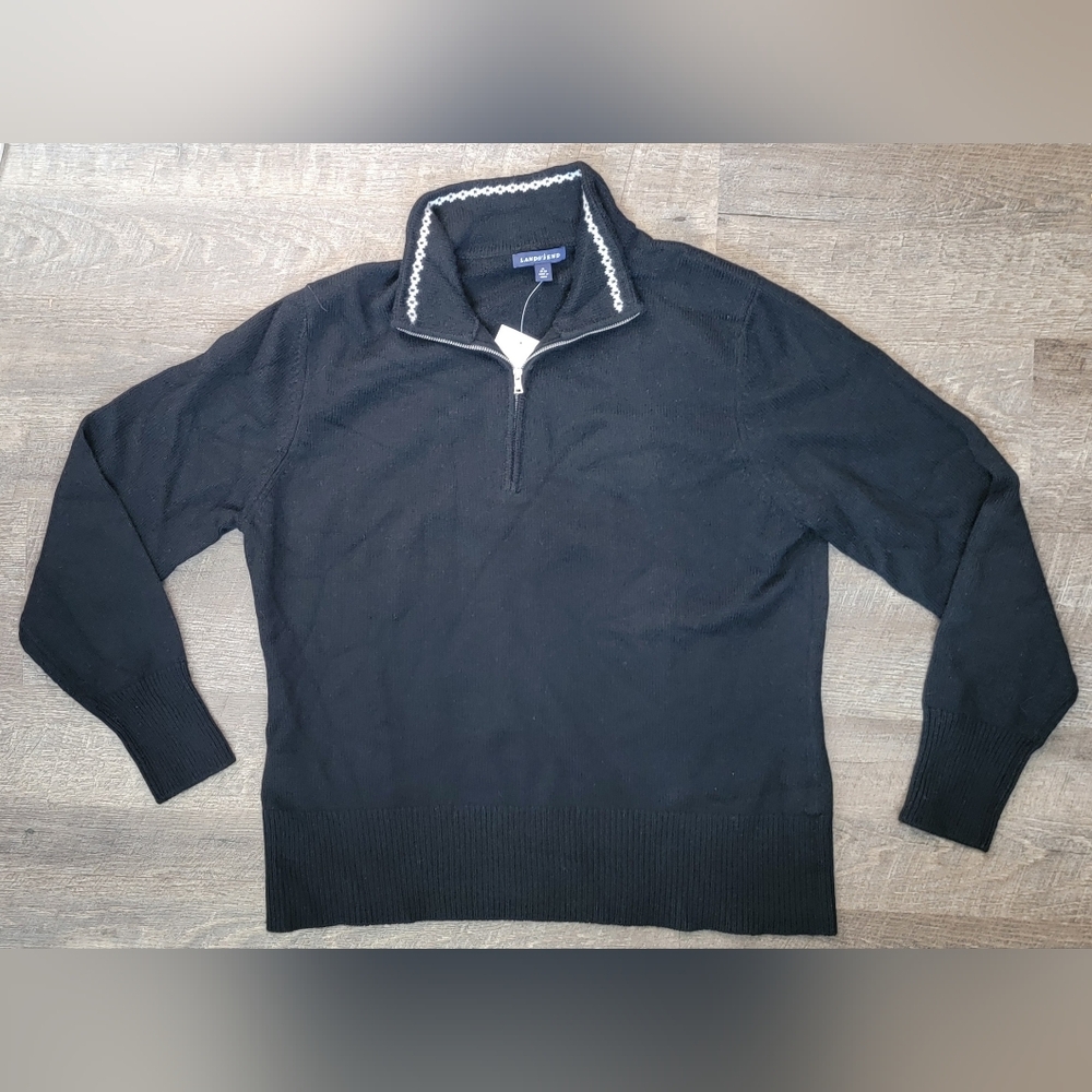 Lands' End 100% Cashmere 1/4 Zip Sweater Womens 18-20 Black /White Moc Neck NWOT - Picture 5 of 11
